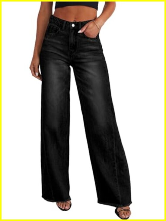 Denim - Wide Leg High Waisted Stretchy Denim Jeans Raw Hem